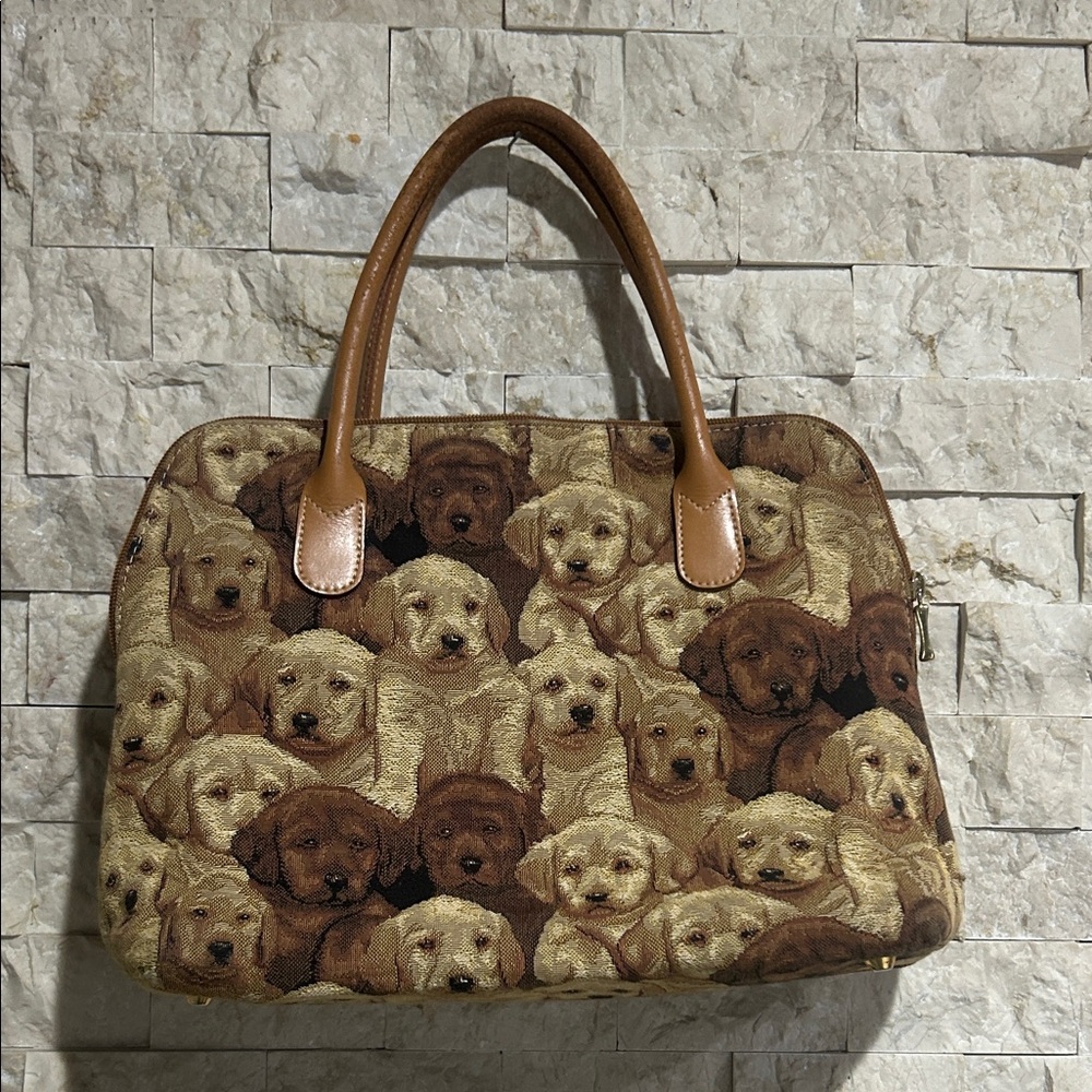 Charming Dog Pattern Tote with Brown Handles